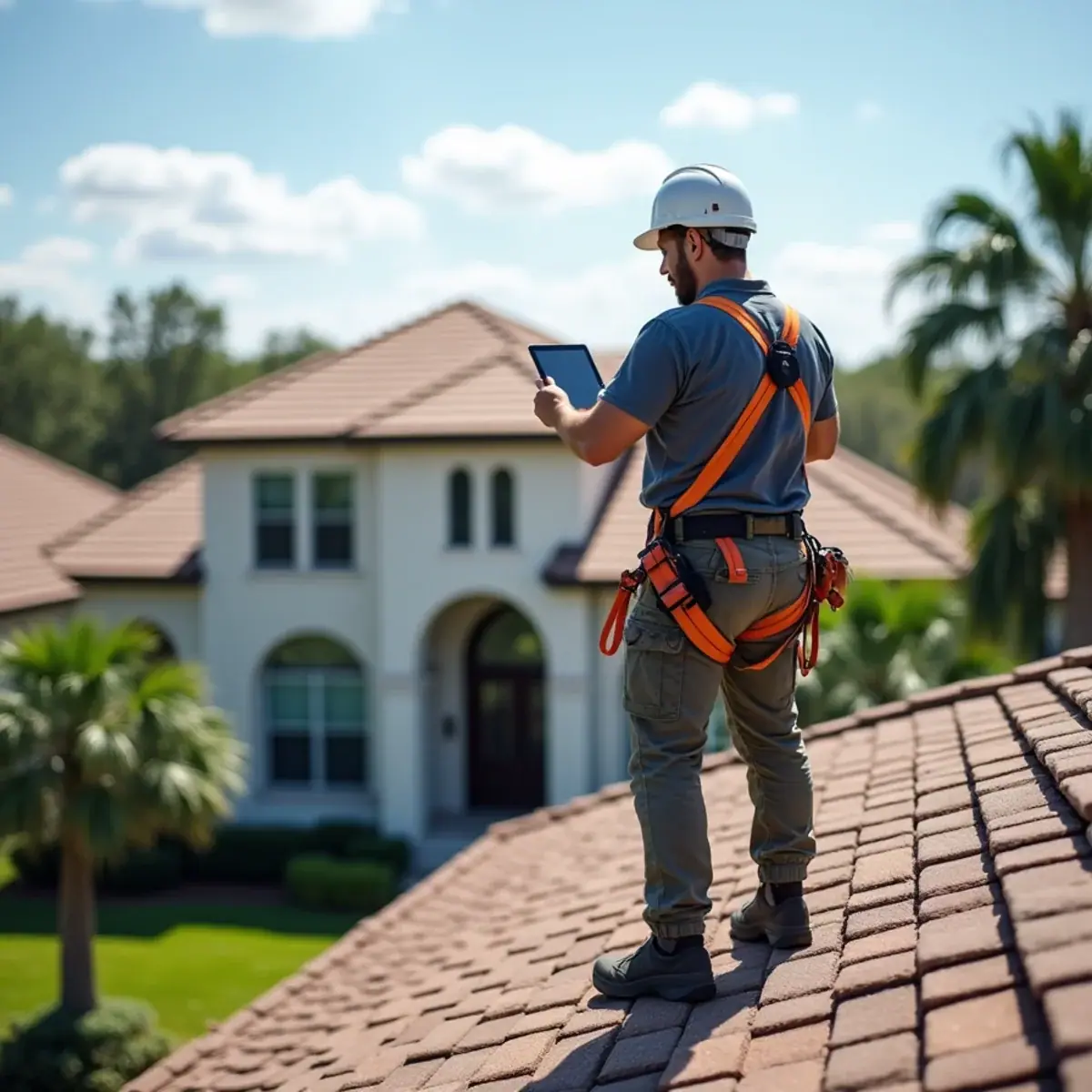 Roofer documenting an aging tile roof on a Central Florida home for an insurance roof inspection